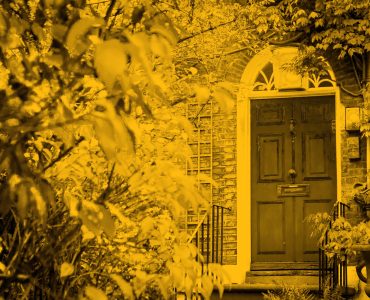Front door of house, framed by greenery in front garden